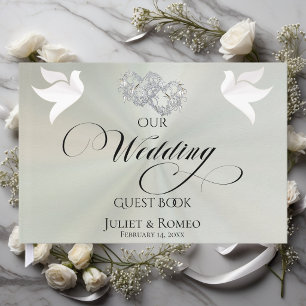 Doves & Linked Hearts - Pastel Sage/Silver Guest Book