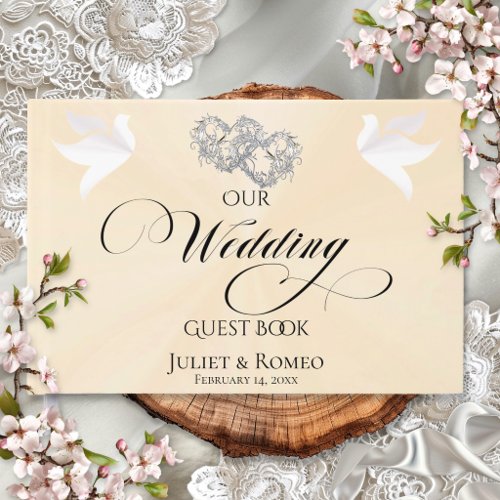 Doves & Linked Hearts - Peach Pearl/Silver Guest Book