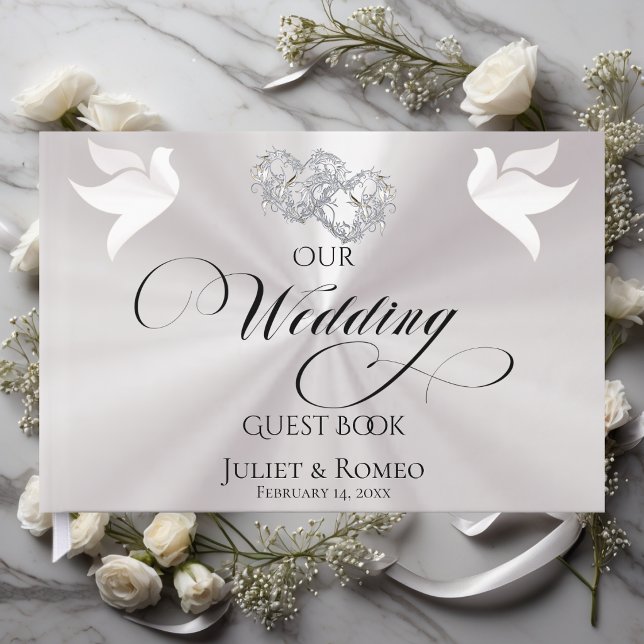 Doves & Linked Hearts - Pearl White/Silver Guest Book (Creator Uploaded)