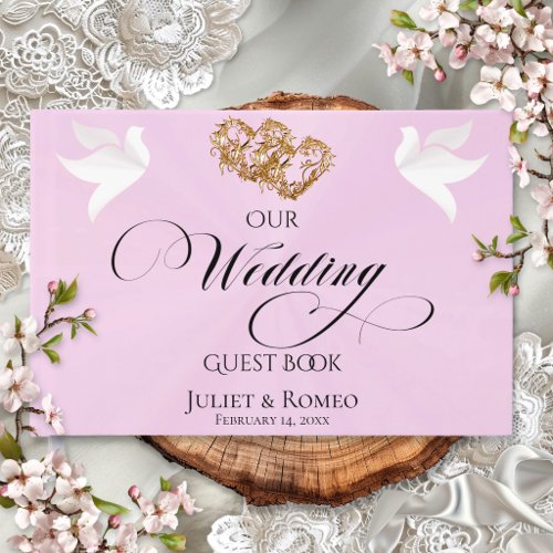 Doves & Linked Hearts - Pink Pearl/Gold Guest Book