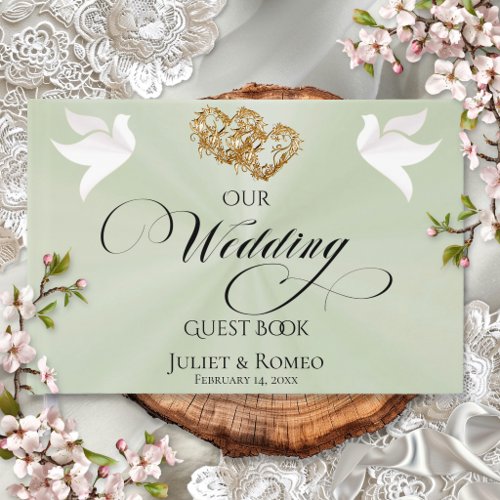 Doves & Linked Hearts - Sage Pearl/Gold Guest Book