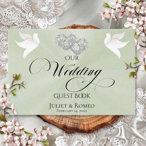 Doves & Linked Hearts - Sage Pearl/Silver Guest Book