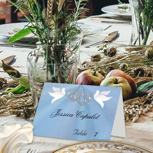 Doves & Linked Hearts Silver/Blue Place Card (Creator Uploaded)