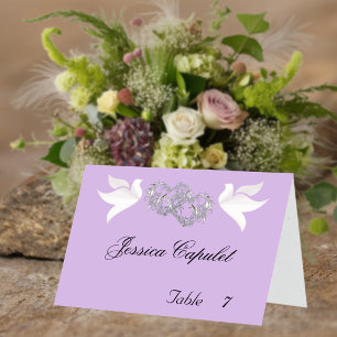 Doves & Linked Hearts Silver/Lavender Place Card