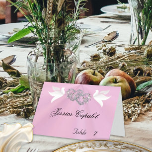Doves & Linked Hearts Silver/Pink Place Card