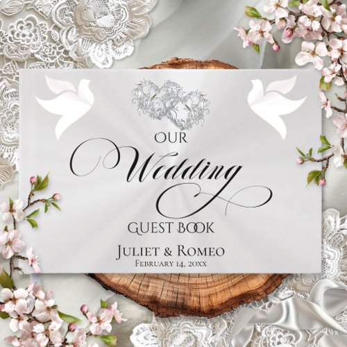 Doves & Linked Hearts - White Pearl/Silver Guest Book