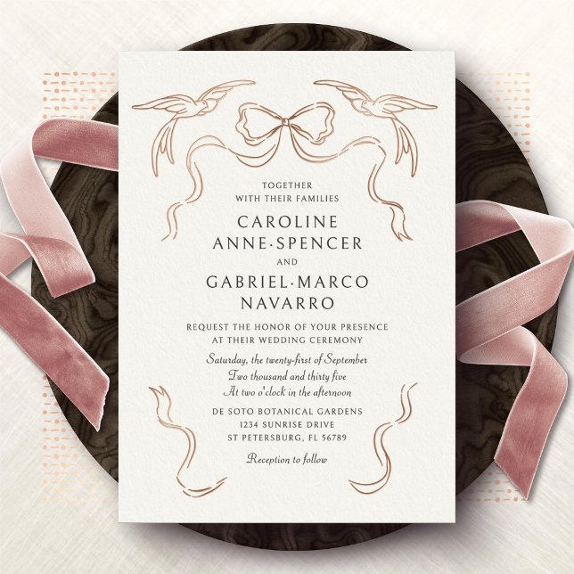Doves Lovebirds Bow Wedding Foil Invitation (Creator Uploaded)