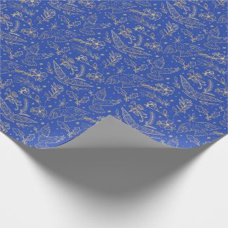 Doves Of Peace Royal Blue Shimmer Gold Foil Floral Wrapping Paper
