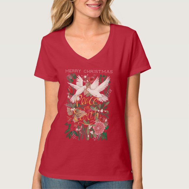 Doves peace on earth floral red T-Shirt (Front)
