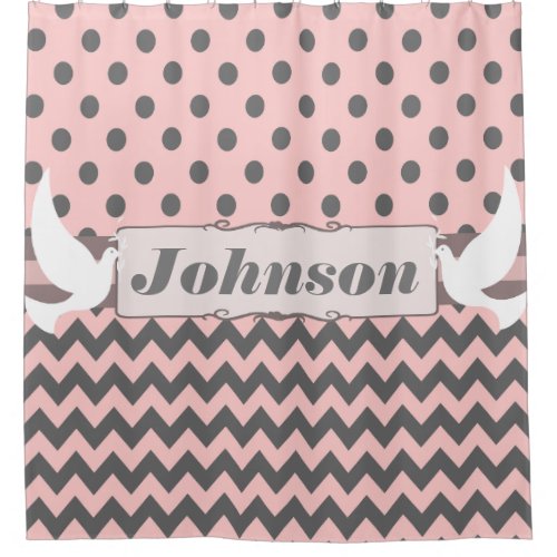 Doves Pink Grey Polka Dots Chevron Ribbon Custom Shower Curtain