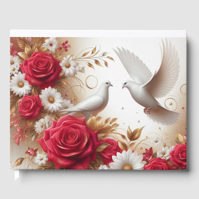 Doves, Red Roses and Daisies Wedding  Guest Book (Front)