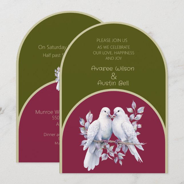 Doves Rings Olive Green Burgundy Yellow Arched  Invitation (Front/Back)