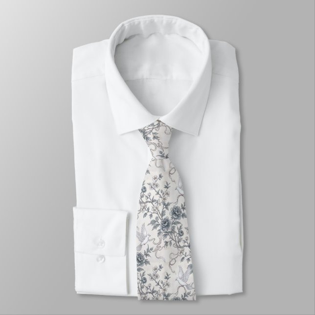Doves with Ribbons and Peonies Neck Tie (Tied)