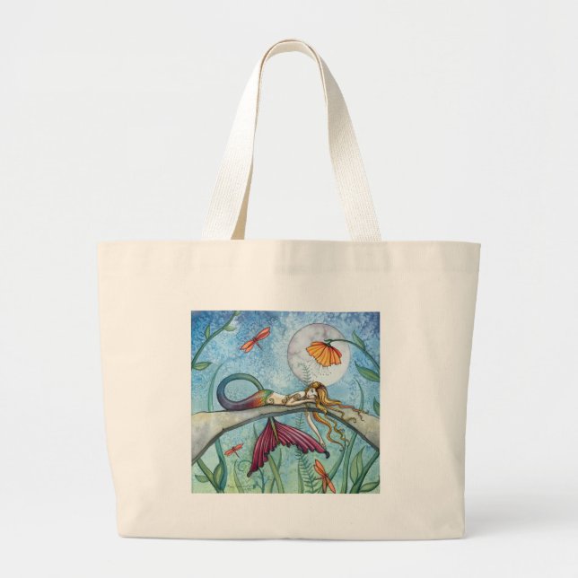 Down by the Pond Mermaid Art Large Tote Bag (Front)