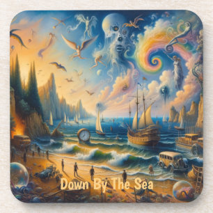 Down by the Sea: A Surreal Coastal Dreamscape Beverage Coaster