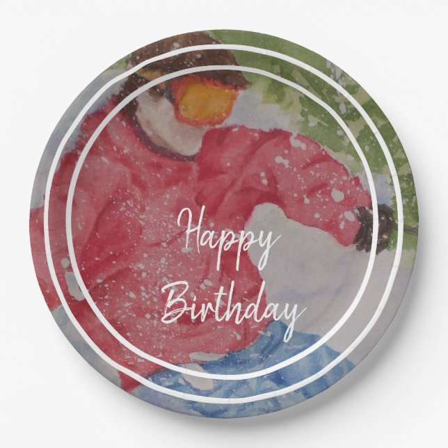Down Hill Skier Happy Birthday Party Paper Plates (Front)