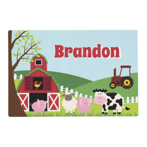 Down On The Farm With Childs Name Laminated Paper Placemat