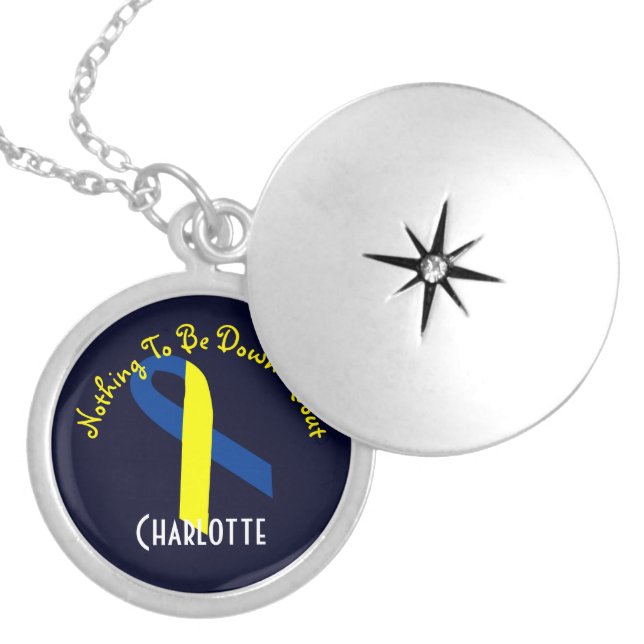 Down Syndrome Awareness Blue Yellow Ribbon Locket Necklace (Front)