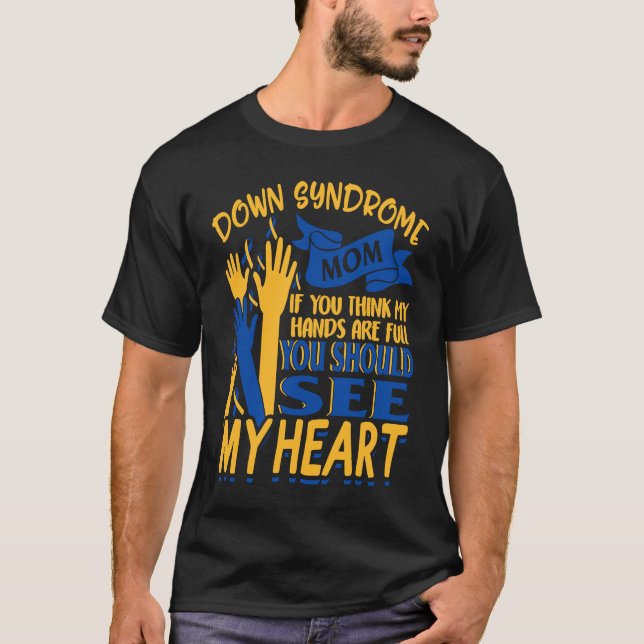 Down Syndrome Mom Awareness Love Yellow Blue Ribbo T-Shirt (Front)
