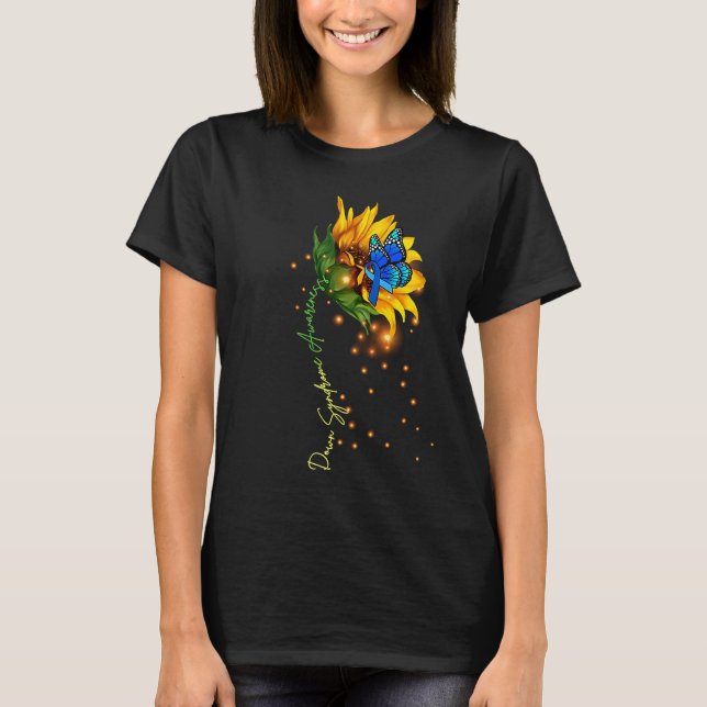 Down Syndrome Sunflower  Yellow Blue Ribbon T-Shirt (Front)