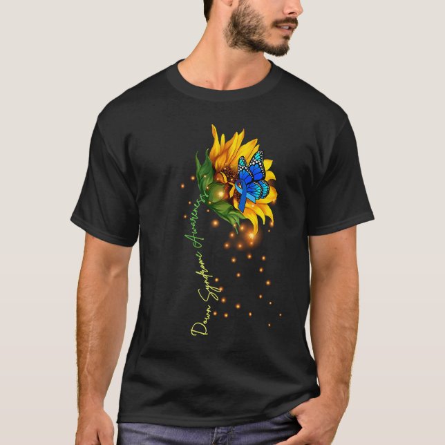 Down Syndrome Sunflower  Yellow Blue Ribbon T-Shirt (Front)