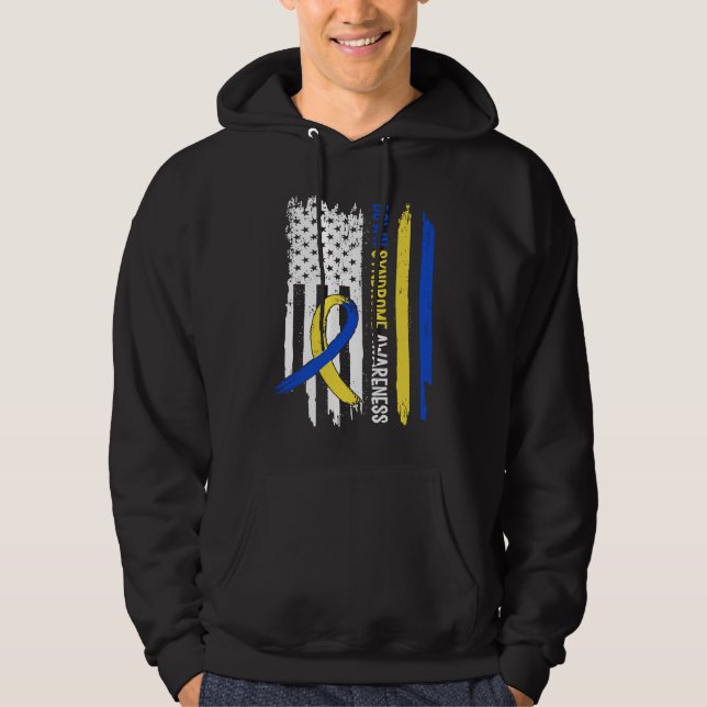 Down Syndrome USA Flag Blue Yellow Ribbon Hoodie (Front)