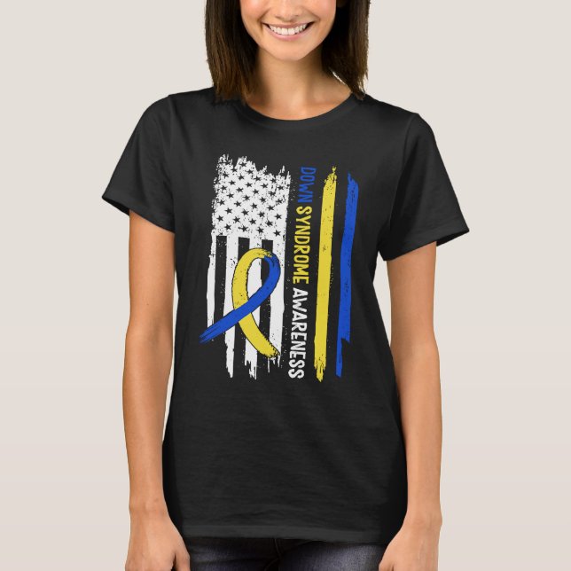 Down Syndrome USA Flag Blue Yellow Ribbon T-Shirt (Front)