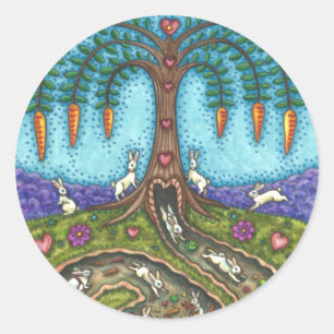 DOWN THE RABBIT HOLE, CARROT WILLOW TREE FOLK ART CLASSIC ROUND STICKER