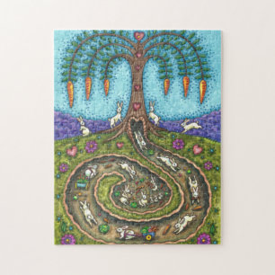 DOWN THE RABBIT HOLE, CARROT WILLOW TREE FOLK ART JIGSAW PUZZLE