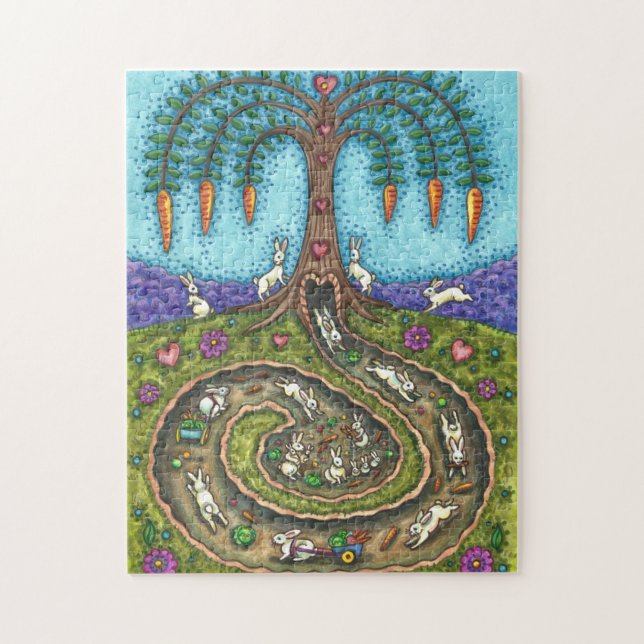 DOWN THE RABBIT HOLE, CARROT WILLOW TREE FOLK ART JIGSAW PUZZLE (Vertical)