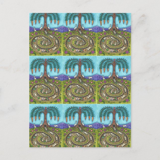 DOWN THE RABBIT HOLE, CARROT WILLOW TREE FOLK ART POSTCARD (Front)