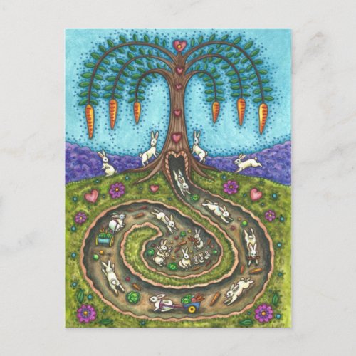 DOWN THE RABBIT HOLE, CARROT WILLOW TREE FOLK ART POSTCARD