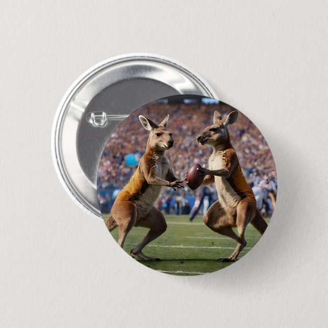 "Down Under Action: Kangaroos Playing Aussie Rules Button (Front & Back)