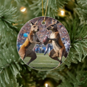 "Down Under Action: Kangaroos Playing Aussie Rules Ceramic Ornament