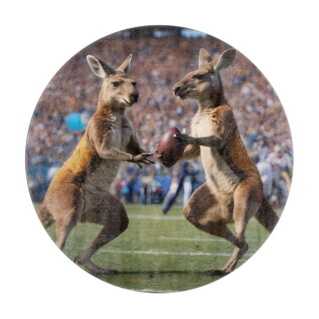"Down Under Action: Kangaroos Playing Aussie Rules Cutting Board (Front)