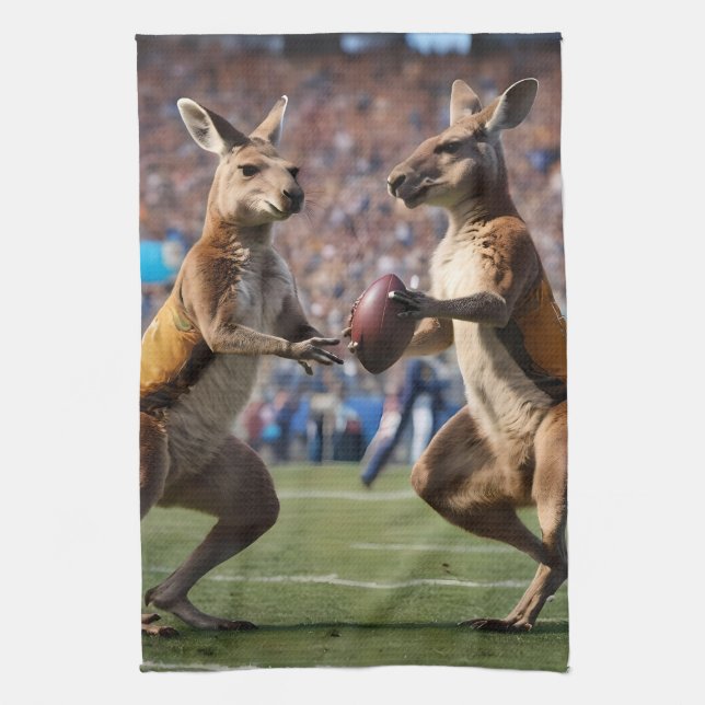 "Down Under Action: Kangaroos Playing Aussie Rules Kitchen Towel (Vertical)