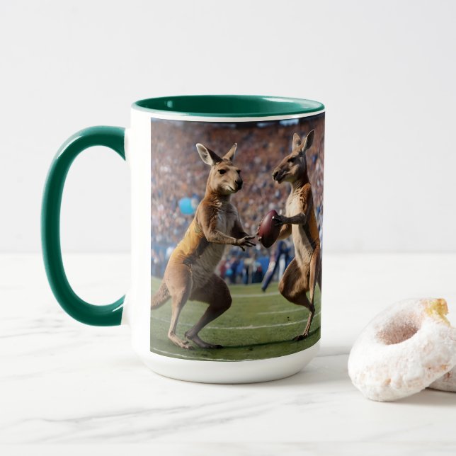 "Down Under Action: Kangaroos Playing Aussie Rules Mug (With Donut)