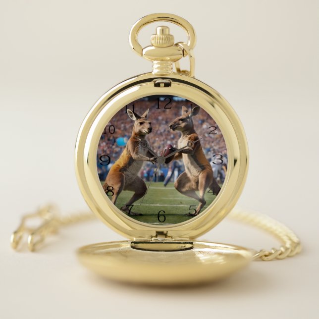 "Down Under Action: Kangaroos Playing Aussie Rules Pocket Watch (Inside)