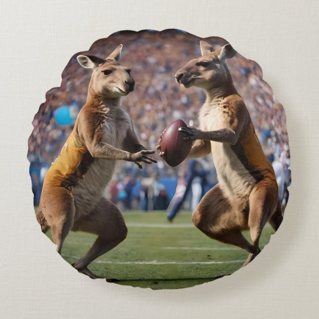 "Down Under Action: Kangaroos Playing Aussie Rules Round Pillow (Front)