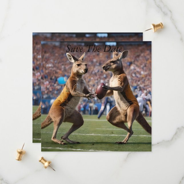 "Down Under Action: Kangaroos Playing Aussie Rules Save The Date (Front/Back In Situ)
