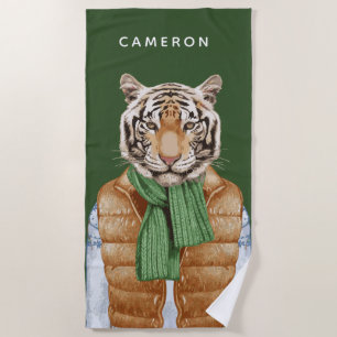 Down Vest Tiger Add Your Name Beach Towel