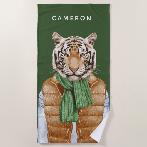 Down Vest Tiger  Add Your Name Beach Towel