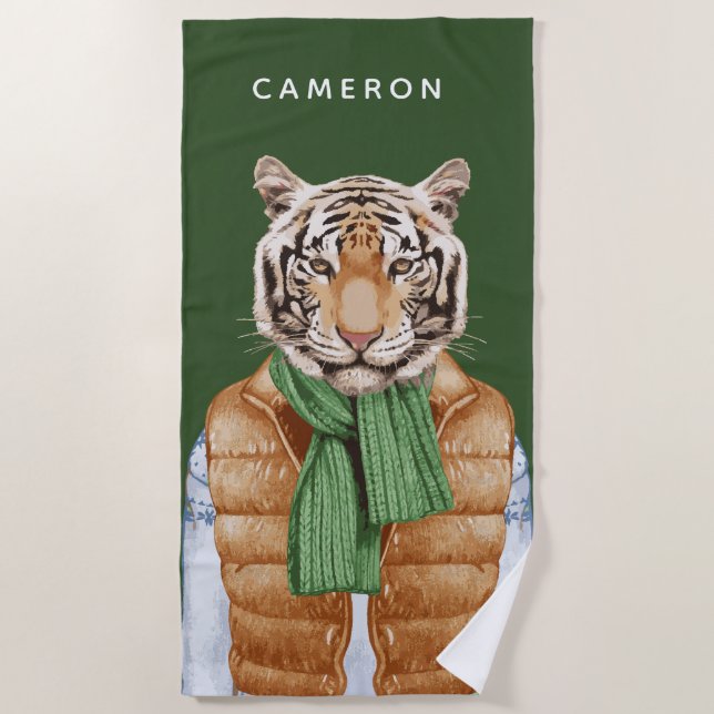 Down Vest Tiger | Add Your Name Beach Towel (Front)