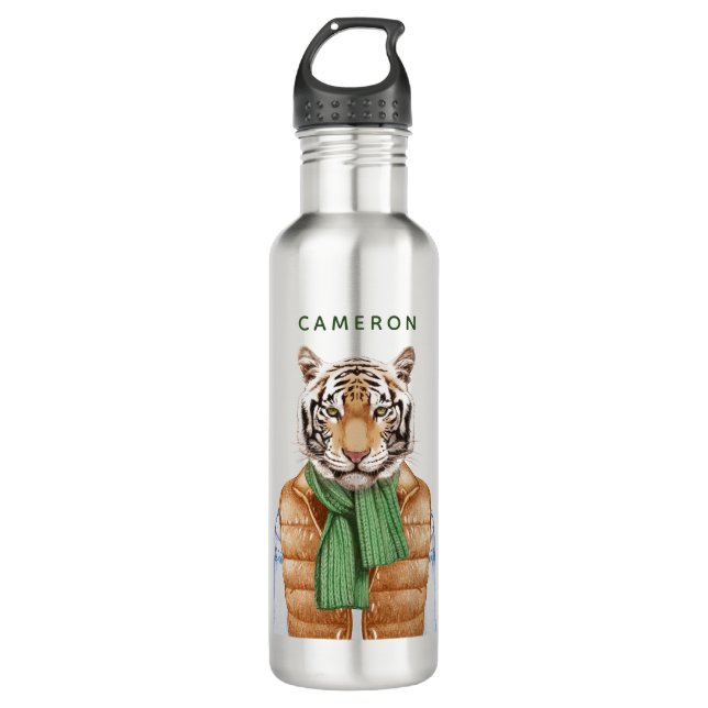 Down Vest Tiger | Add Your Name Stainless Steel Water Bottle (Front)