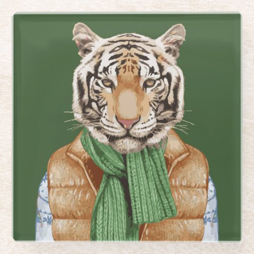 Down Vest Tiger Glass Coaster