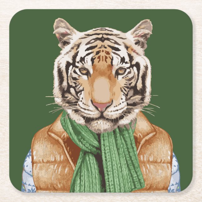 Down Vest Tiger Square Paper Coaster (Front)