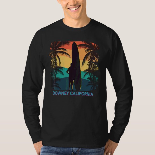 Downey California Ca Palm Tree Surfboard Surfer Su T-Shirt (Front)
