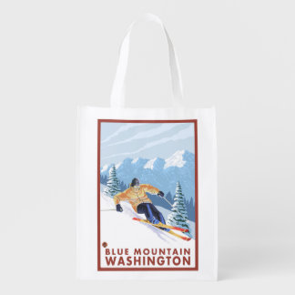Downhhill Snow Skier - Blue Mountain, Reusable Grocery Bag