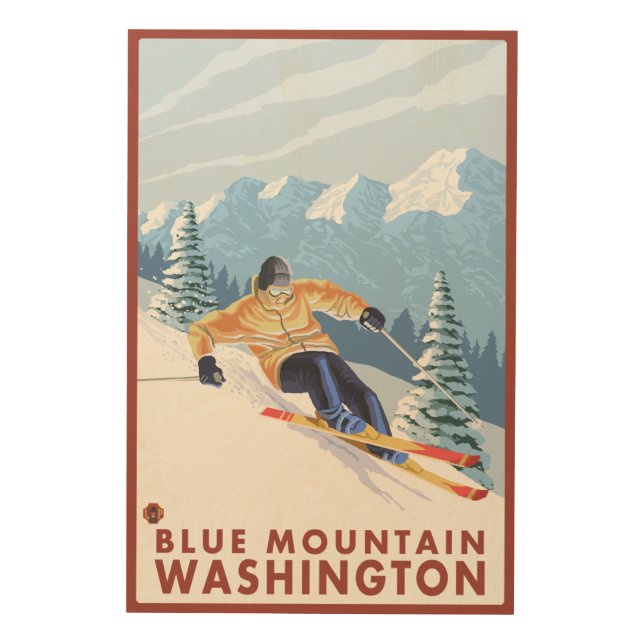 Downhhill Snow Skier - Blue Mountain, Wood Wall Decor (Front)