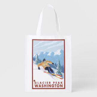 Downhhill Snow Skier - Glacier Peak, Reusable Grocery Bag